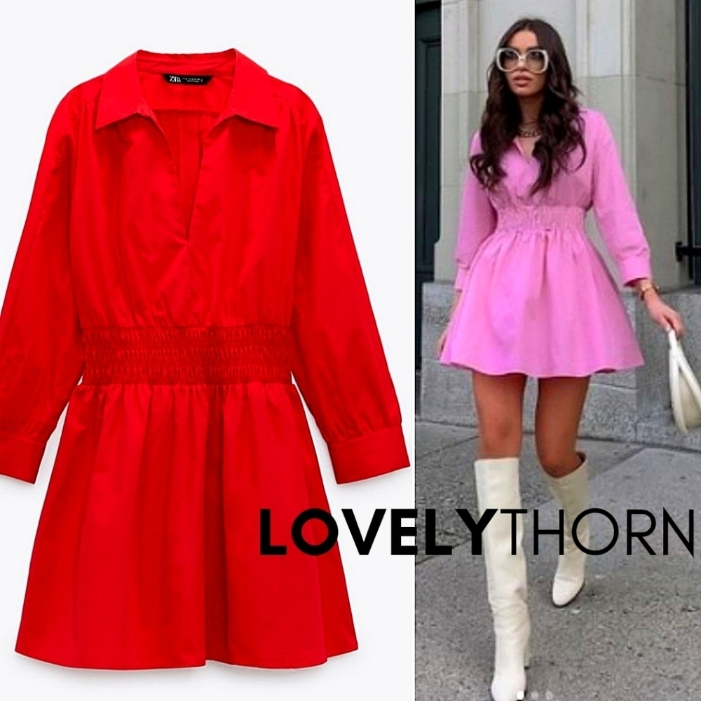 ZARA // retro-chic red poplin collar smock waist long sleeve plunge mini dress - Picture 9 of 16